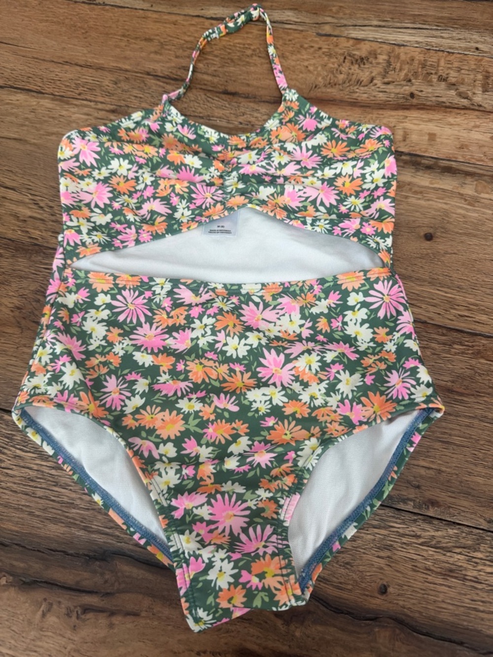 art class Green Floral Cutout One-Piece Swimsuit with Pink & Orange Flowers